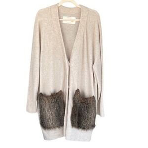 T5‎ Vintage ADAWAS Beige Wool Blend Fuzzy Fur Pocket Long Cardigan Sweater Coat